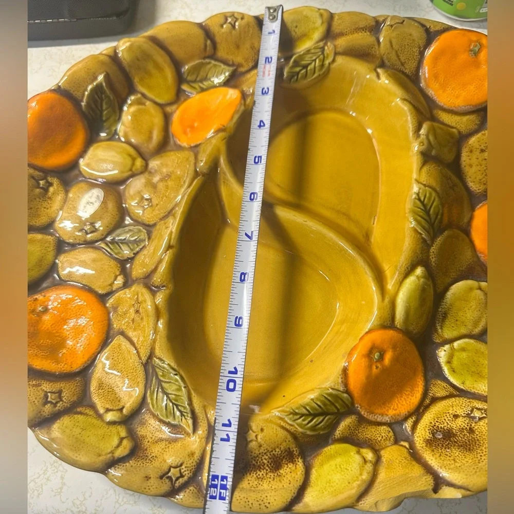 Vintage Mid-Century Modern Glazed Ceramic Divided Serving Tray 3D Fruit Motif